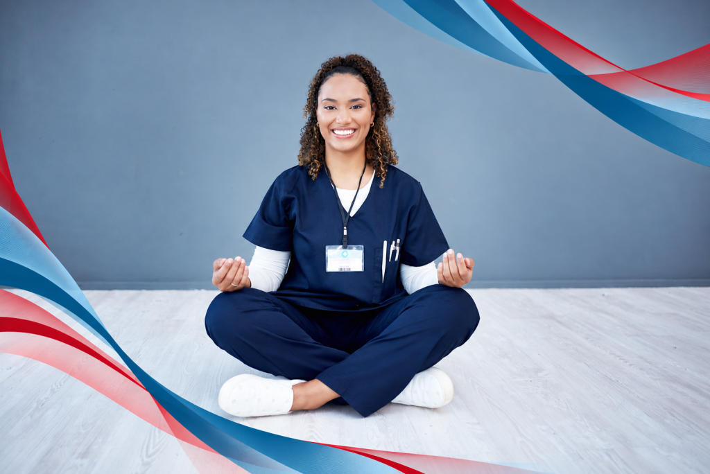 Seated woman with flowing red-blue ribbons workday reset, women sitting in calm pose